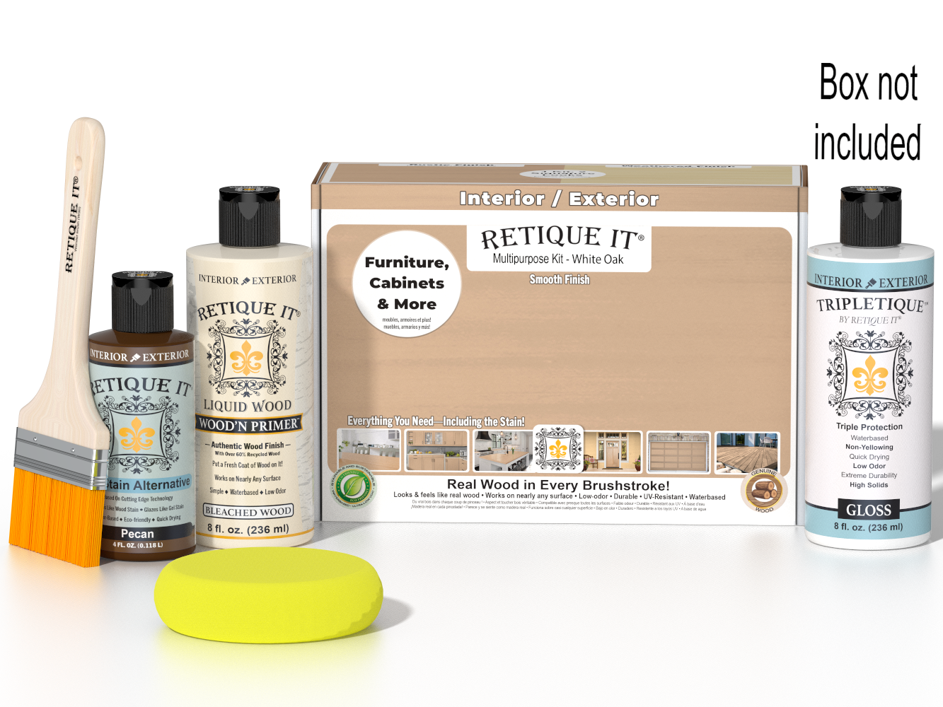 Retique It® Multi-purpose Smooth Finish Kit in White Oak for interior wood top coat, includes application tools and finish samples.