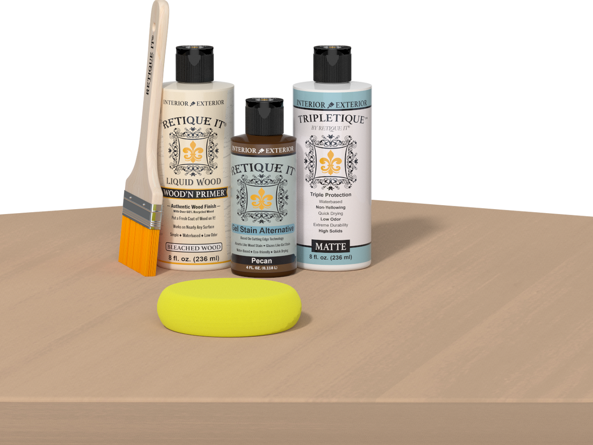 Retique It® White Oak Multi-purpose Smooth Finish Kit for interior wood projects, featuring top coat application tools.
