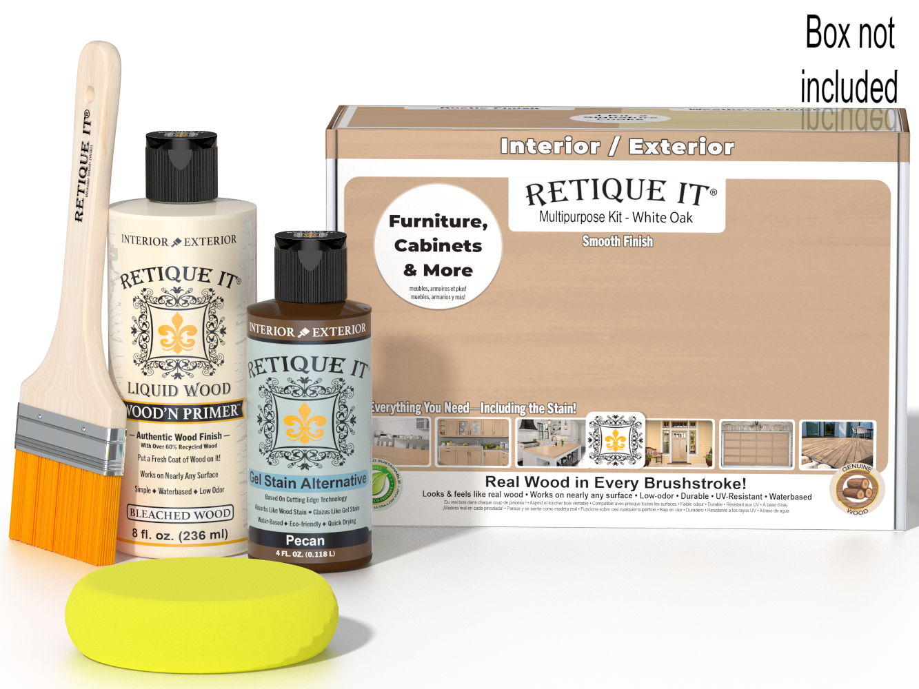 Retique It® Wood'n Finish Kit in White Oak with smooth finish, includes applicator tools for versatile wood finishing projects.