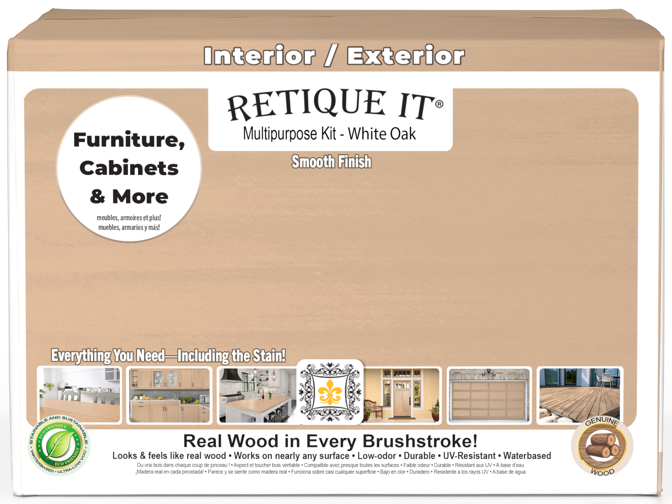 Retique It® Wood'n Finish Kit with four white oak exterior top coat bottles, showcasing a smooth finish for wood projects.
