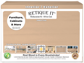 Retique It® Wood'n Finish Kit with four white oak exterior top coat bottles, showcasing a smooth finish for wood projects.