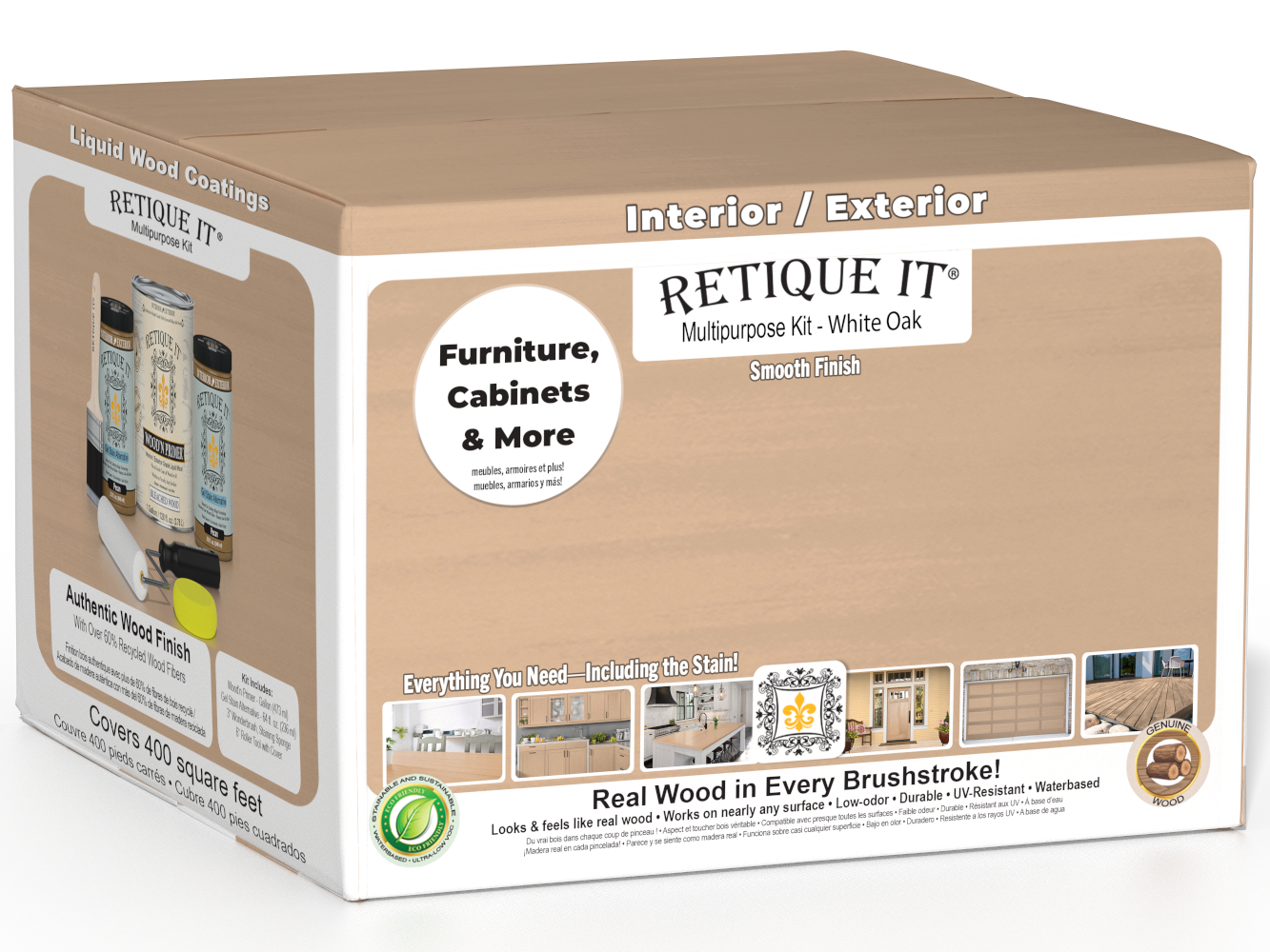Retique It® Wood'n Finish Kits multi-purpose smooth finish kit in White Oak for exterior top coat, with four large containers.