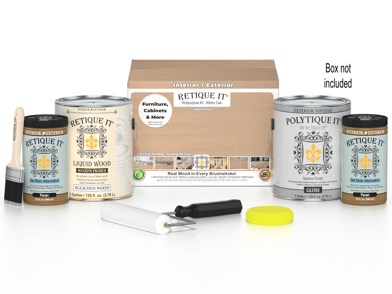 Retique It® White Oak Multi-purpose Smooth Finish Kit with four large exterior top coat bottles for wood finishing.
