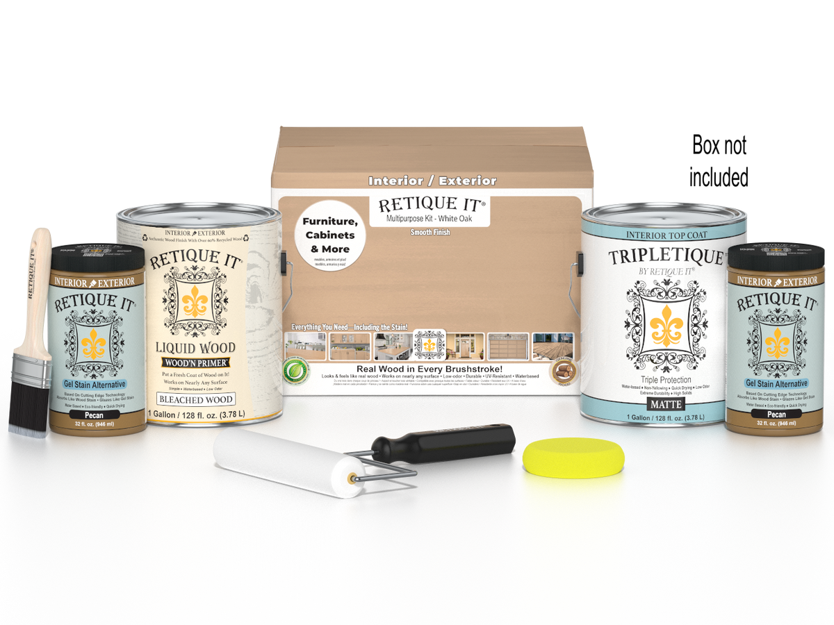 Retique It® White Oak Multi-purpose Smooth Finish Kit with 4 large interior top coat bottles in a white oak matte finish.
