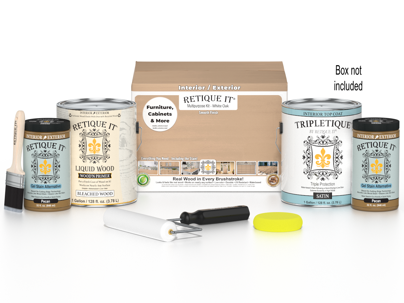 Retique It® Multi-purpose Smooth Finish Kit in White Oak with satin interior top coat, includes four large wood finish bottles and applicator tools.