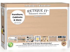 Retique It® Multi-purpose Smooth Finish Kit in White Oak for interior top coat, featuring a white box with wood finish products.