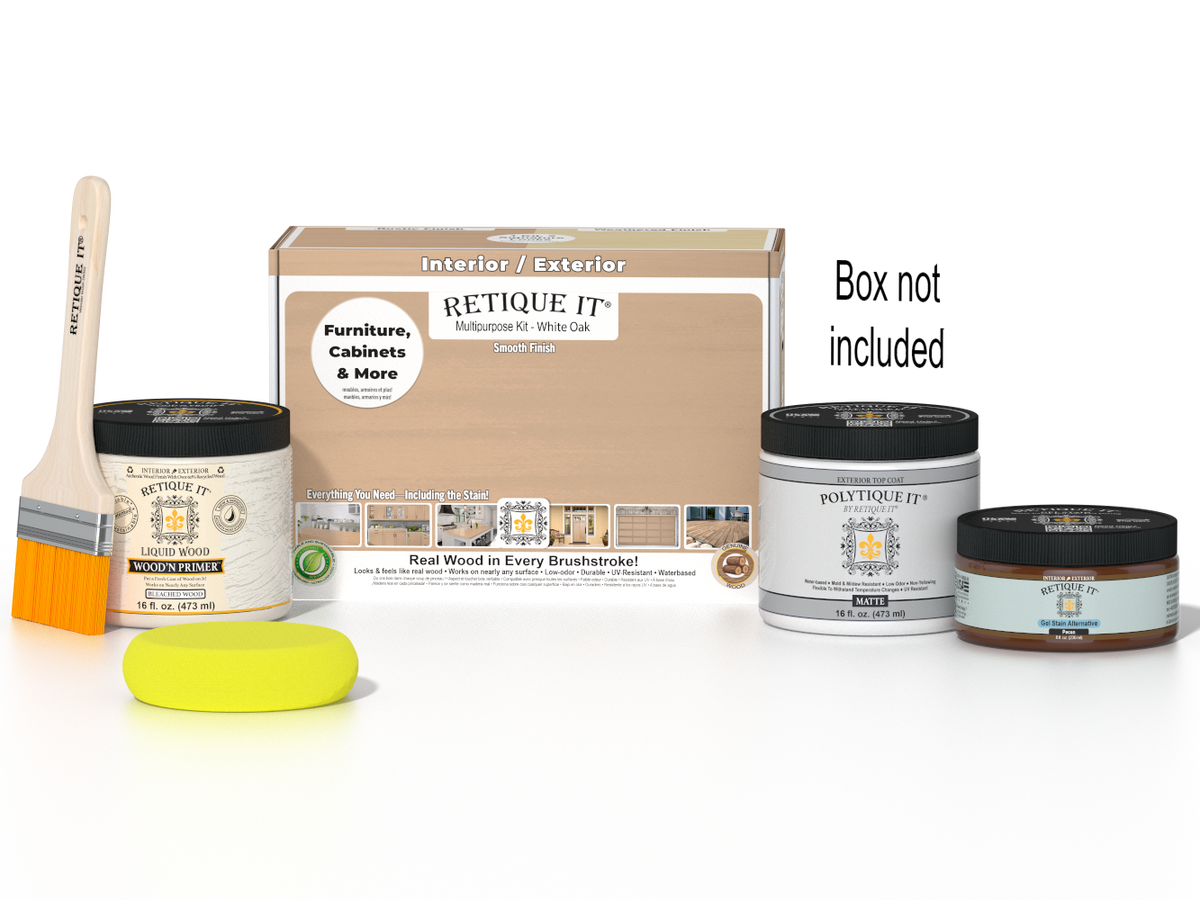 Retique It® wood finish kit in white oak for exterior top coat, includes applicator brush and finishing supplies.