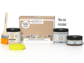 Retique It® wood finish kit in white oak for exterior top coat, includes applicator brush and finishing supplies.