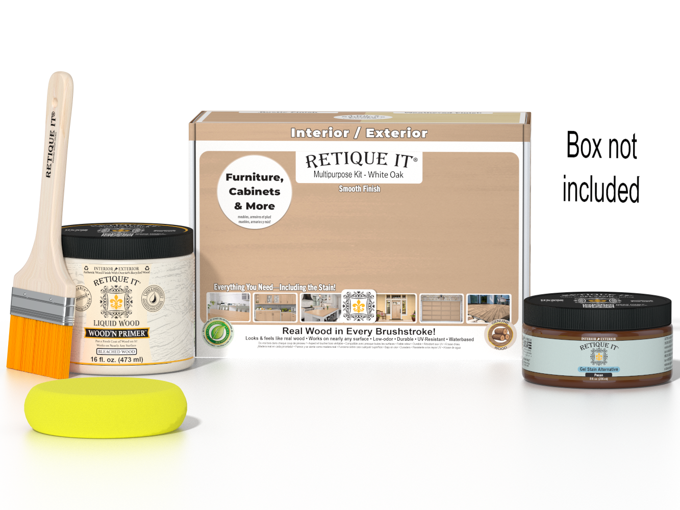 Retique It® White Oak Multi-purpose Smooth Finish Kit for wood projects, includes tools and materials for a professional finish.
