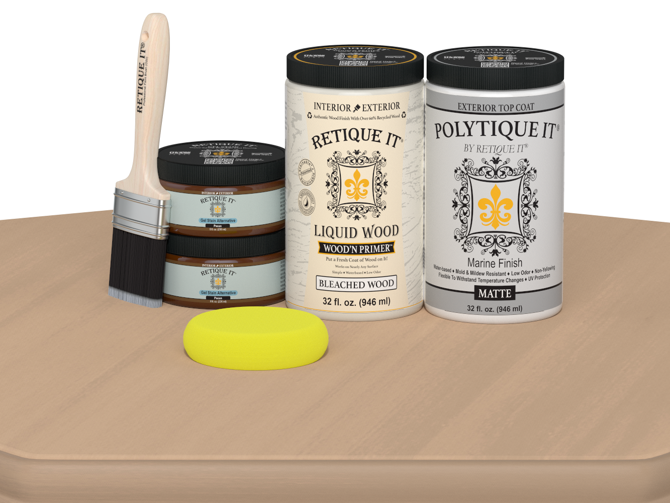 Large white oak wood finish kit by Retique It® for exterior top coat, includes smooth finish tools and materials.