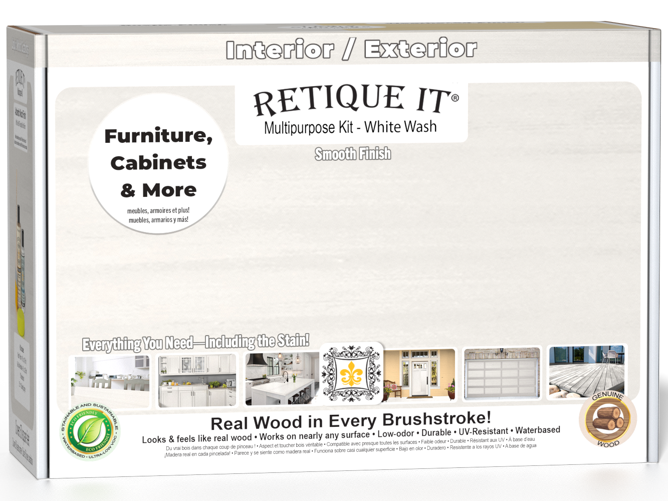 Retique It® Multi-purpose Smooth Finish Kit in White Wash for exterior wood furniture, includes top coat and application tools.