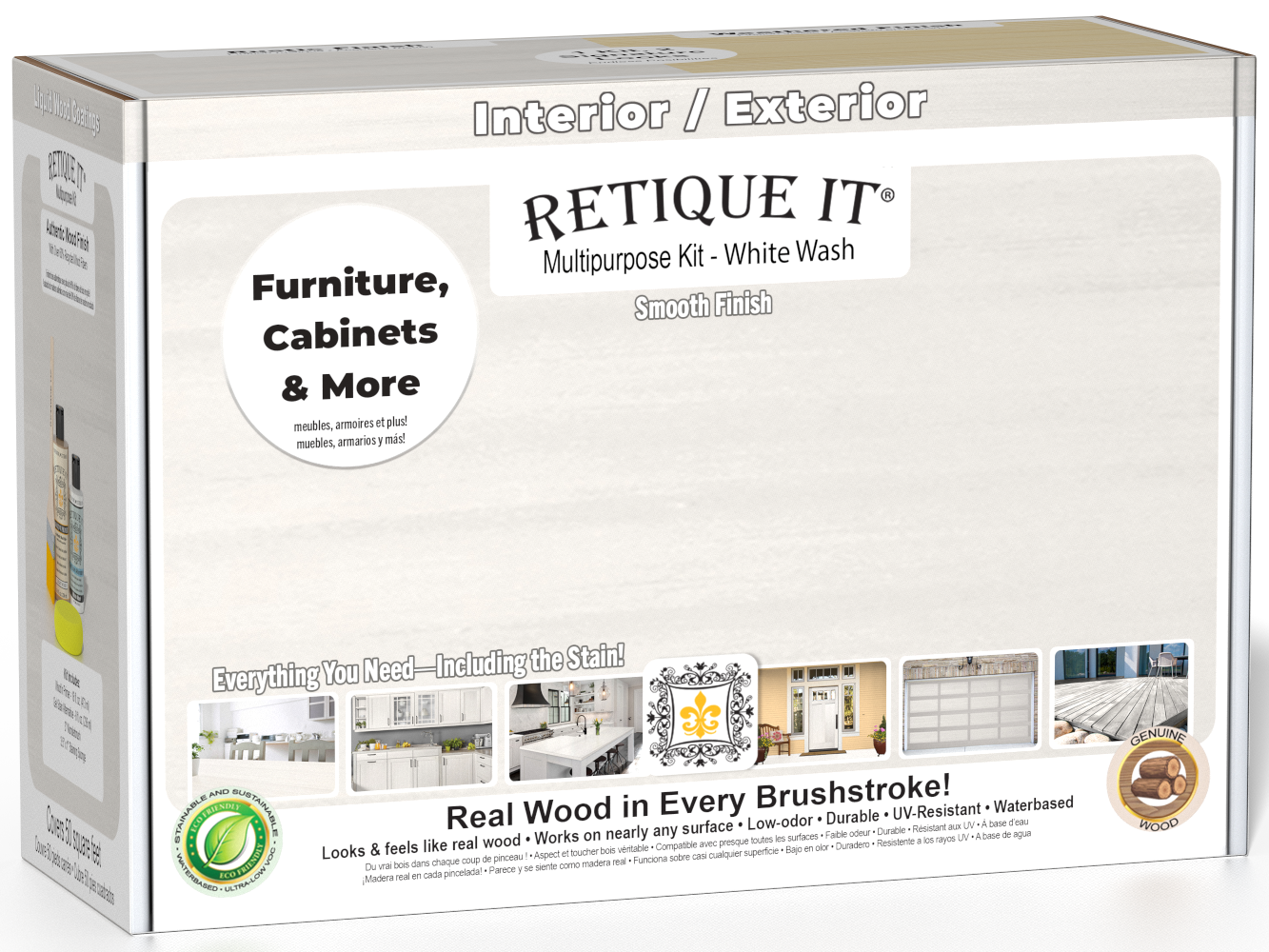 Retique It® Wood'n Finish Kits White Wash exterior top coat in a multi-purpose smooth finish kit box, ideal for wood surfaces.