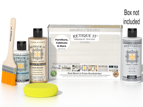 Retique It® Multi-purpose Smooth Finish Kit in White Wash for exterior wood surfaces, includes top coat and application tools.