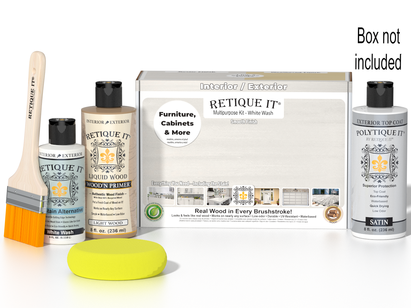 Retique It® Wood'n Finish Kit in White Wash for exterior top coat, showing a finish palette and application tools.