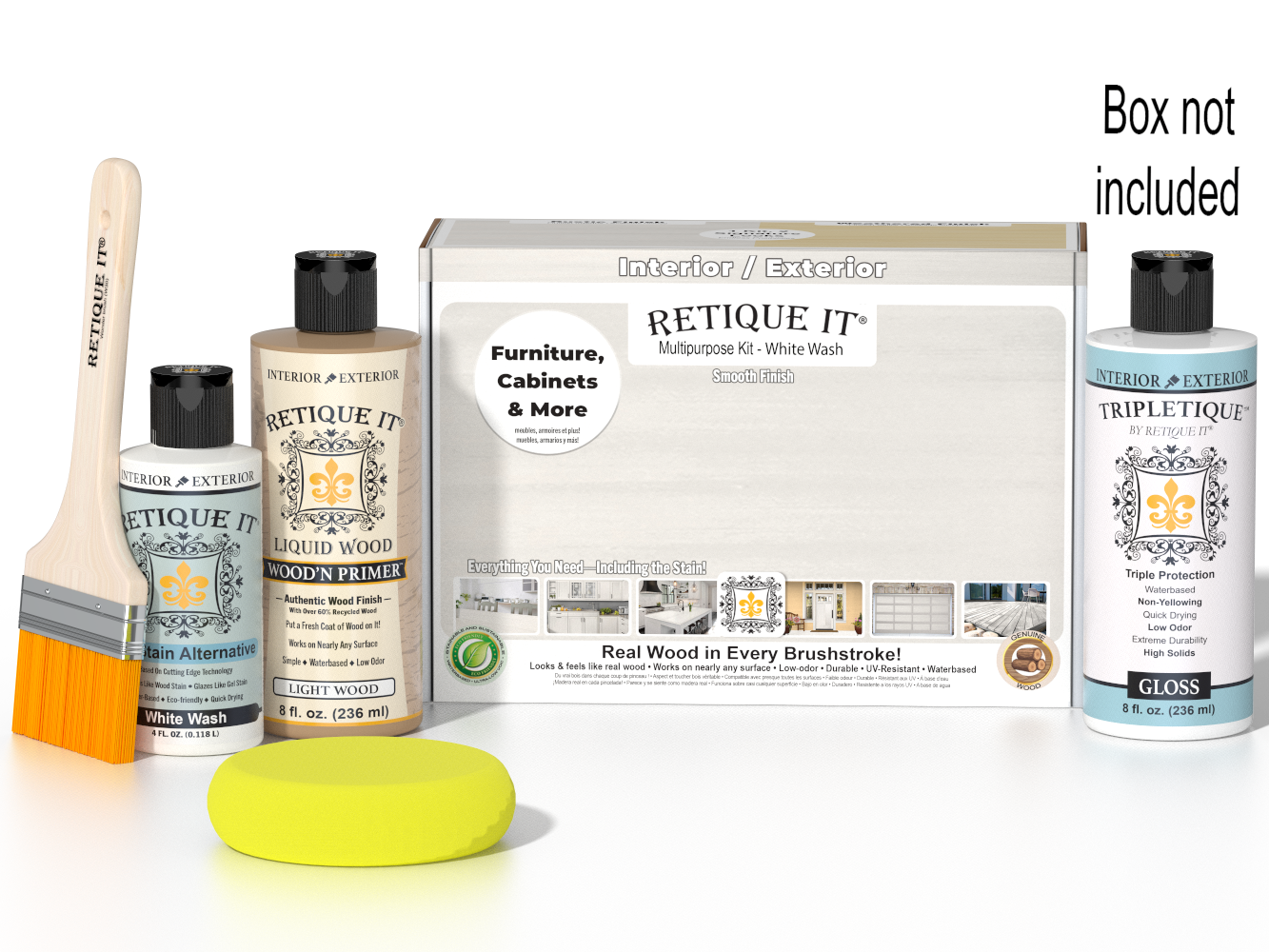 Retique It® Wood'n Finish Kits white wash interior top coat in a multi-purpose smooth finish kit with a box.