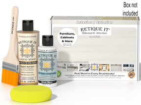 Retique It® Multi-purpose Smooth Finish Kit in White Wash for wood finishing, shown in a box with finishing tools and supplies.