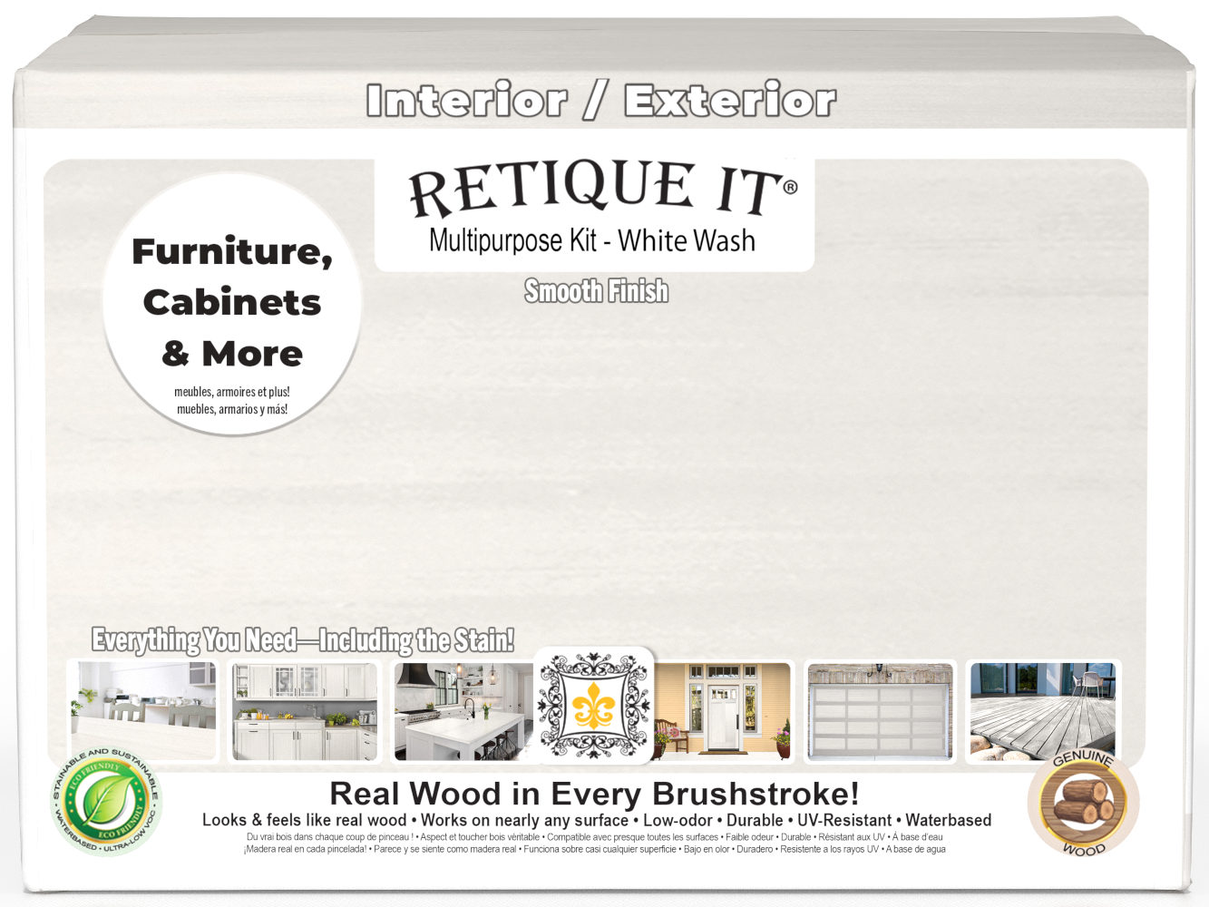 Retique It® Wood'n Finish Kit with four large white wash interior top coats in a smooth, matte finish for wood surfaces.