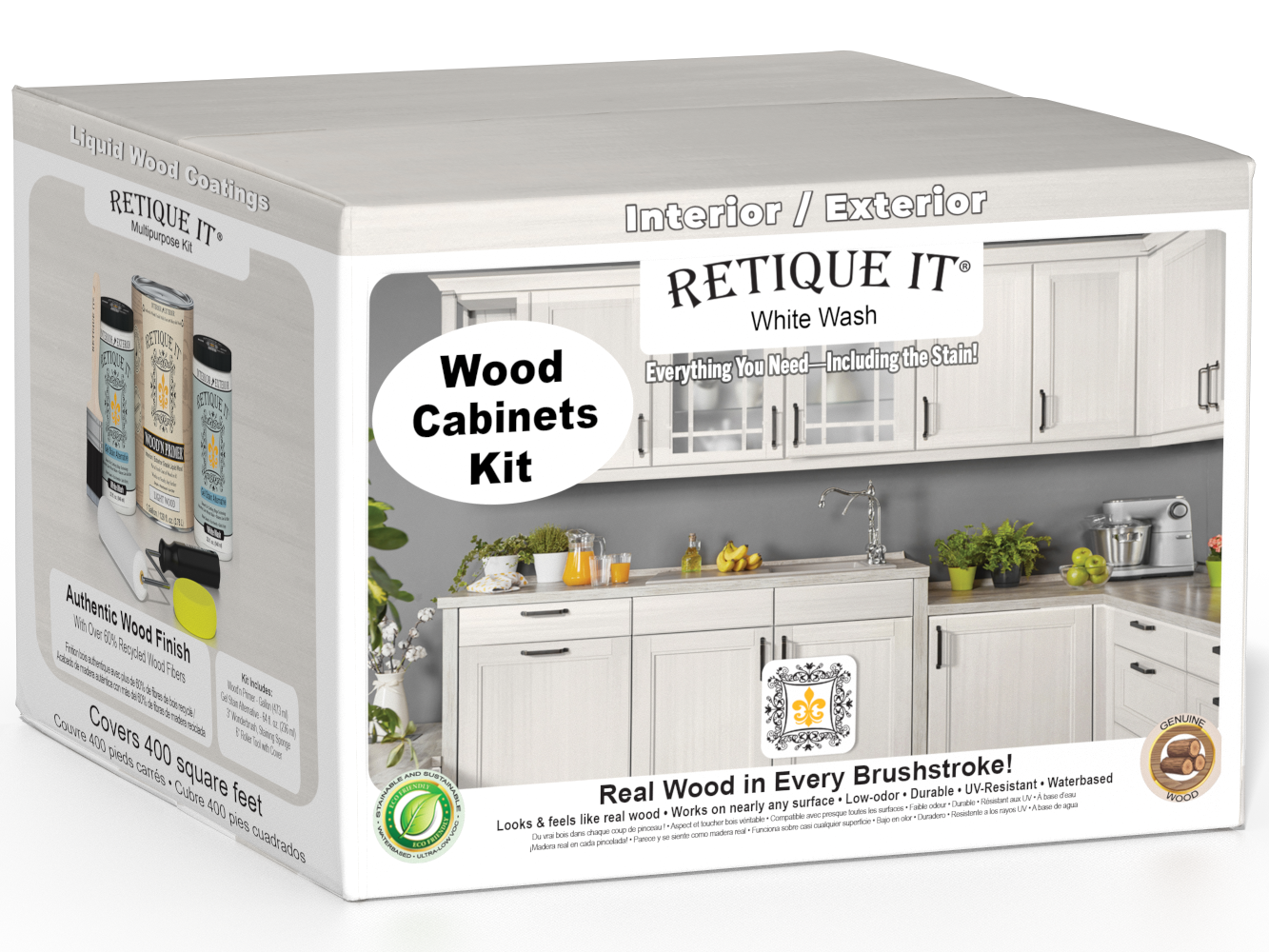 Retique It® Wood'n Cabinet Kit with 48 white wash doors, smooth finish, for DIY furniture staining and cabinet renovation.