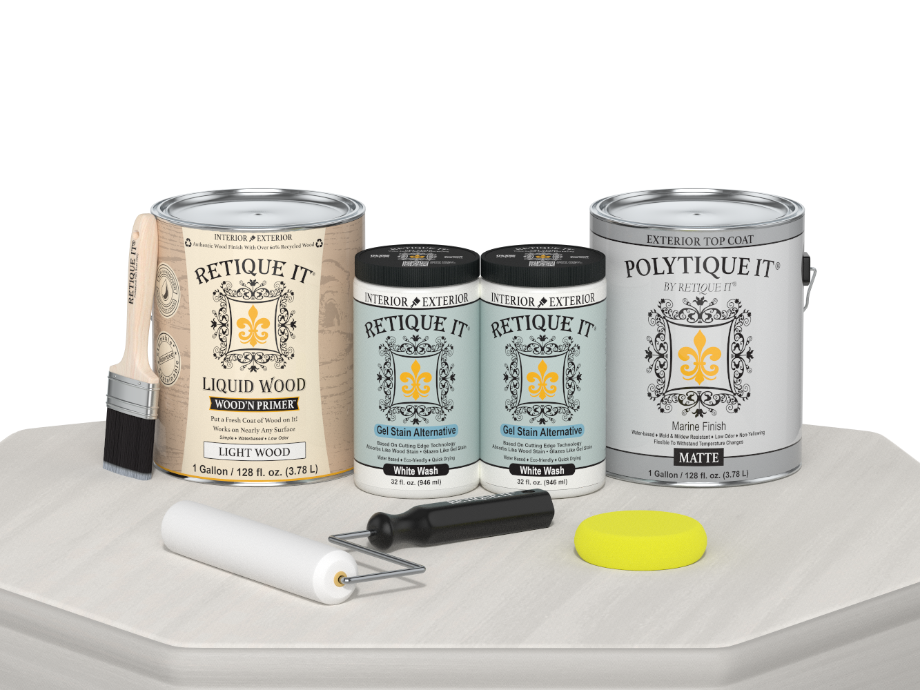Retique It® Multi-purpose Smooth Finish Kit in white wash for exterior wood, includes four large top coat bottles in matte finish.
