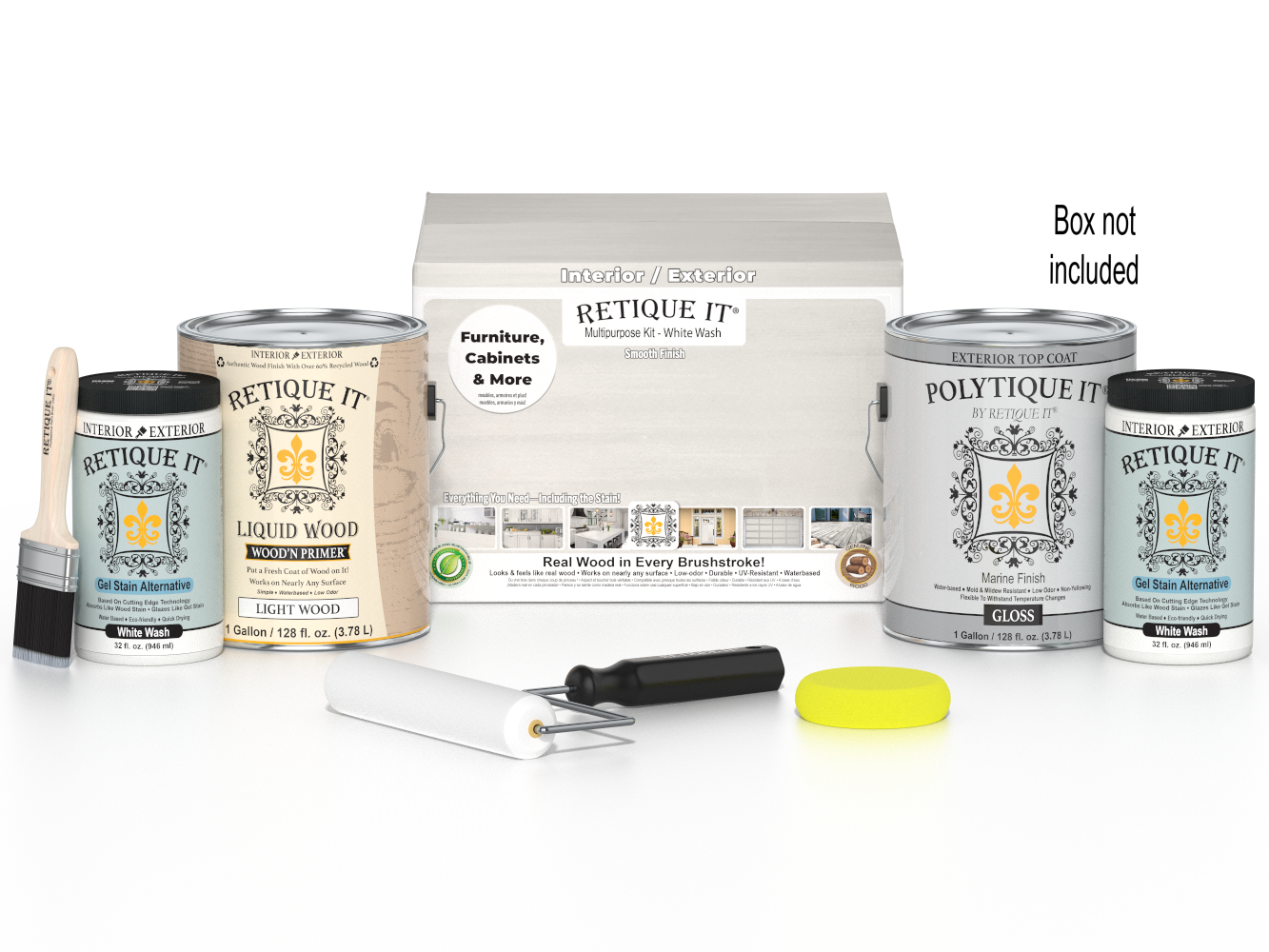 Retique It® Wood'n Finish Kit with four large white wash exterior top coat bottles and applicator tools in a box.
