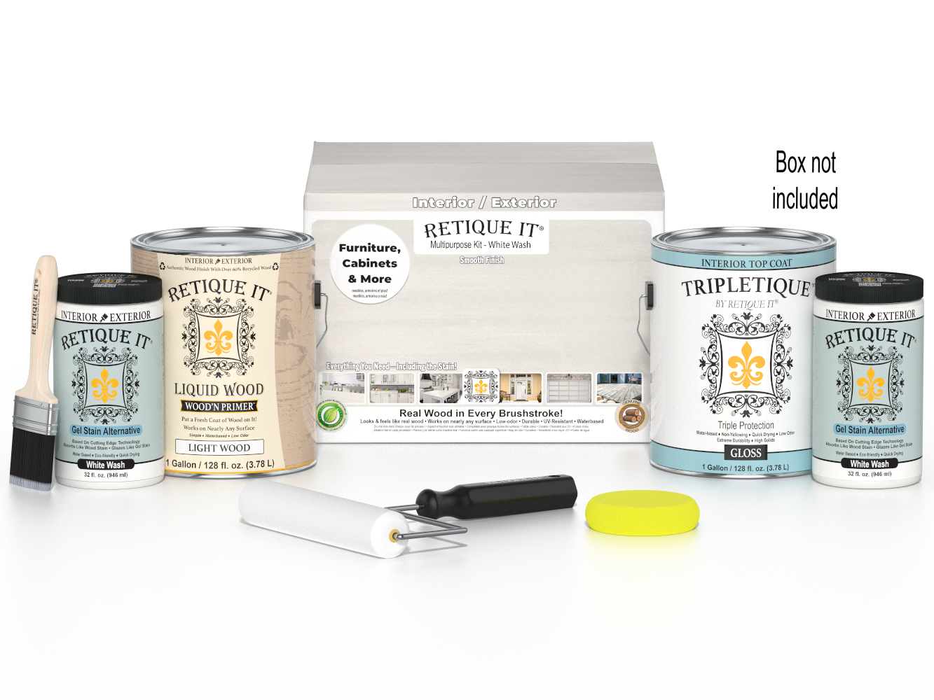 Retique It® Wood'n Finish Kits white wash interior top coat in a multi-purpose smooth finish kit with four large containers.