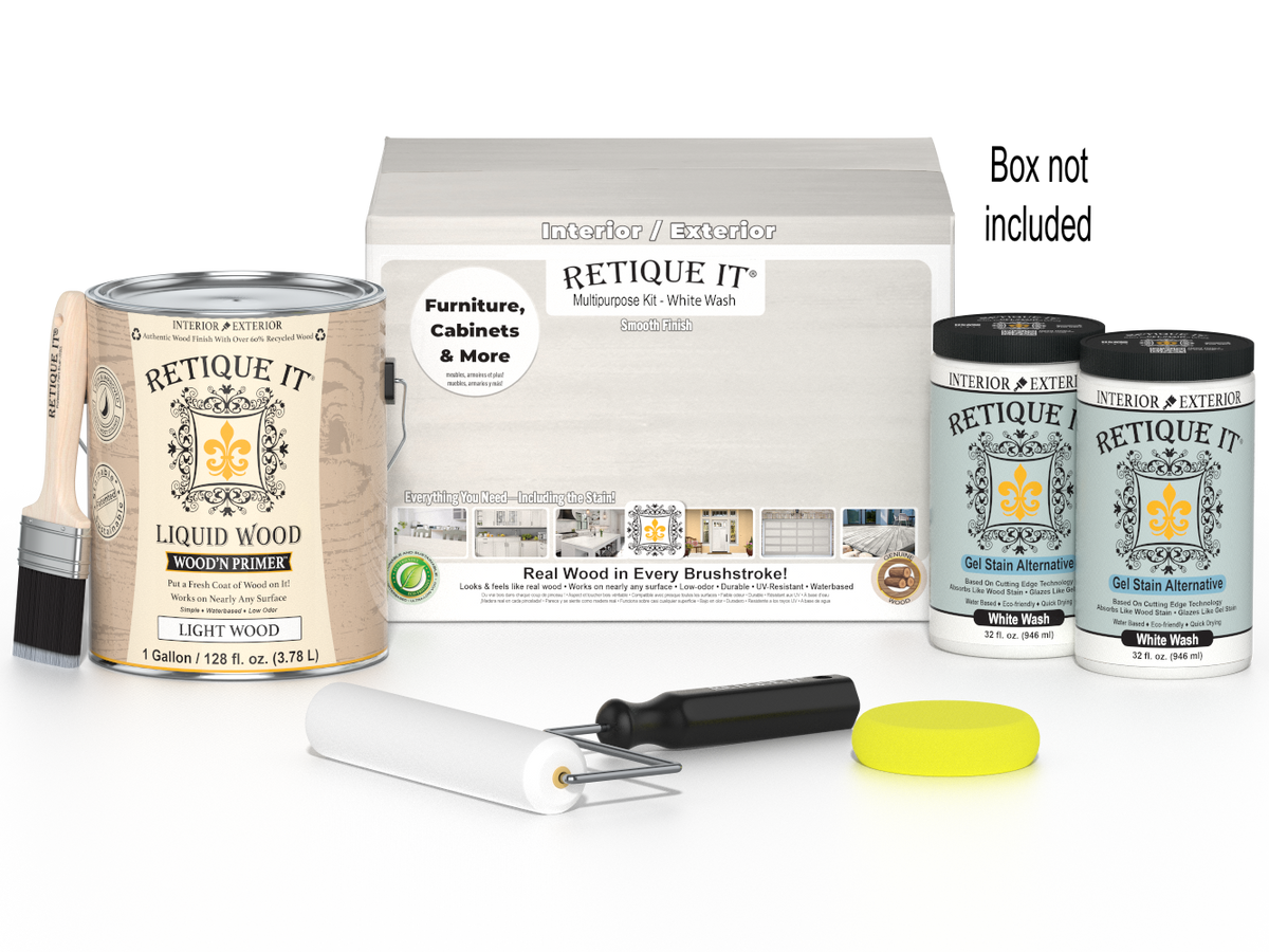 Retique It® wood finish kit with four large white wash smooth finish wood stain bottles on a white background