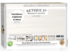Retique It® wood finish kit in white wash, multi-purpose smooth finish set with tools and materials for wood furniture.