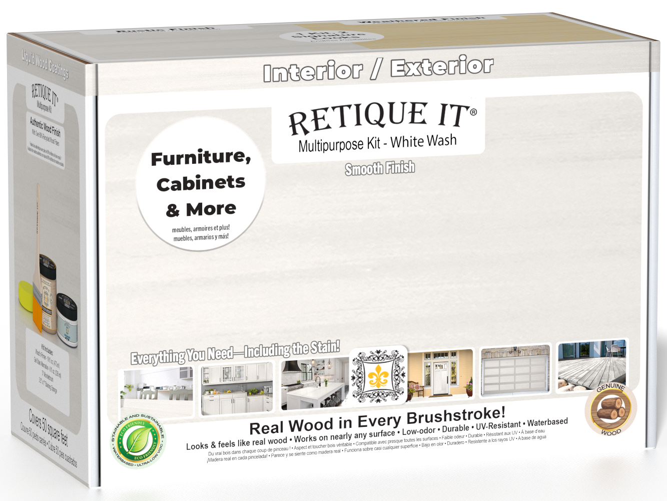 Retique It® Multi-purpose Smooth Finish Kit in White Wash for exterior wood, includes top coat, matte finish, medium size.