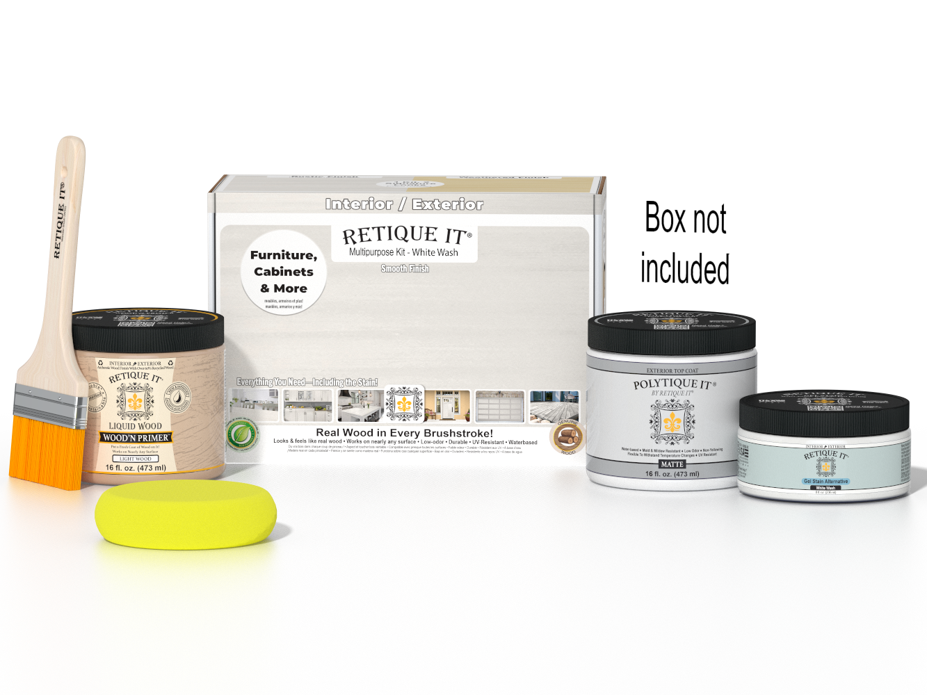 Retique It® Multi-purpose Smooth Finish Kit in white wash for exterior wood top coat, includes application tools and instructions.