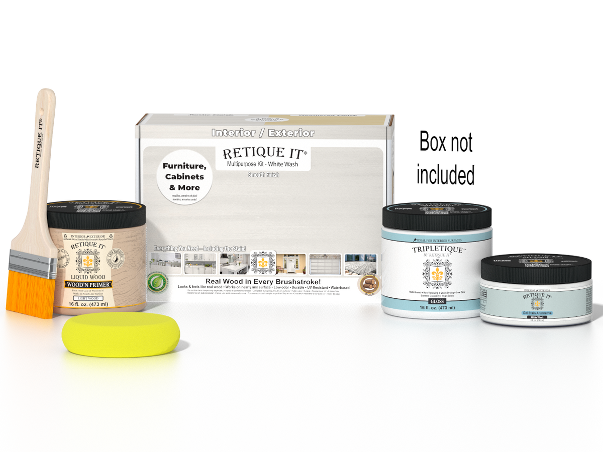 Retique It Multi-purpose Smooth Finish Kit in white wash for interior wood top coat with gloss finish, includes application tools.