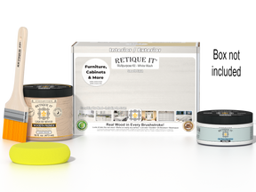 Retique It® Multi-purpose Smooth Finish Kit in White Wash for wood furniture, includes brushes and finishing tools.