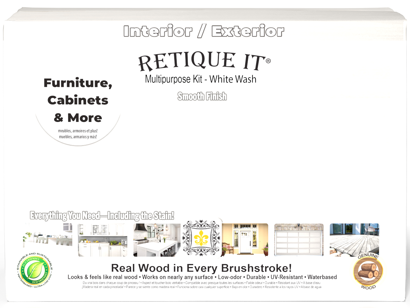 Retique It® Multi-purpose Smooth Finish Kit large white wash exterior top coat in a box, featuring wood finish tools and materials.