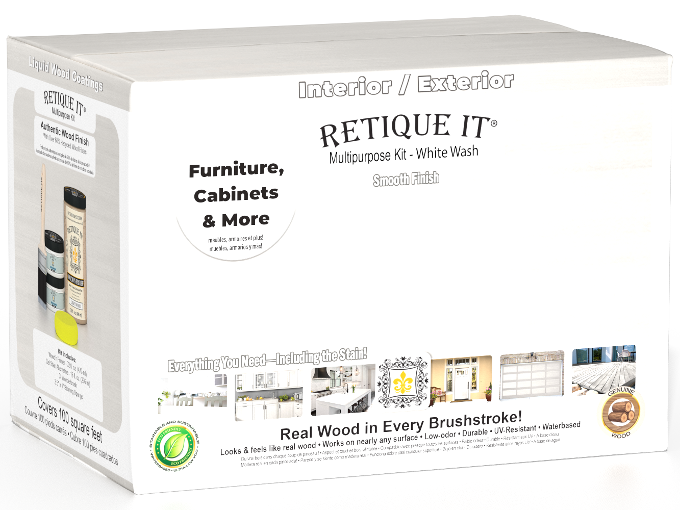 Large White Wash Multi-purpose Smooth Finish Kit for interior wood surfaces by Retique It®, includes top coat and matte finish.