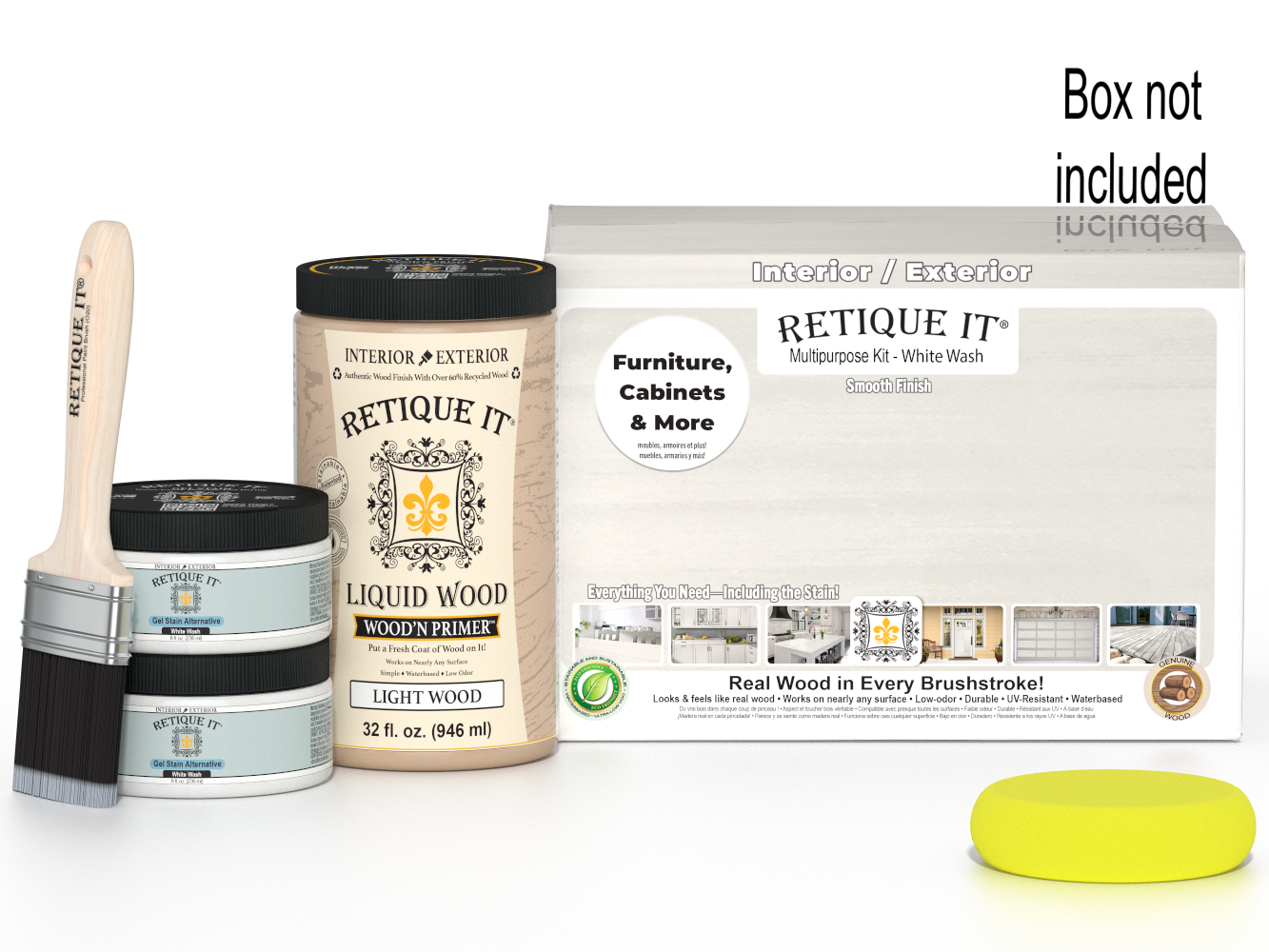 Retique It® Wood'n Cabinet Kit with 12 smooth doors in white wash stain, designed for cabinet renovation and DIY projects.
