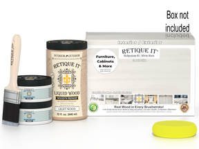 Retique It® Wood'n Cabinet Kit with 12 smooth doors in white wash stain, designed for cabinet renovation and DIY projects.