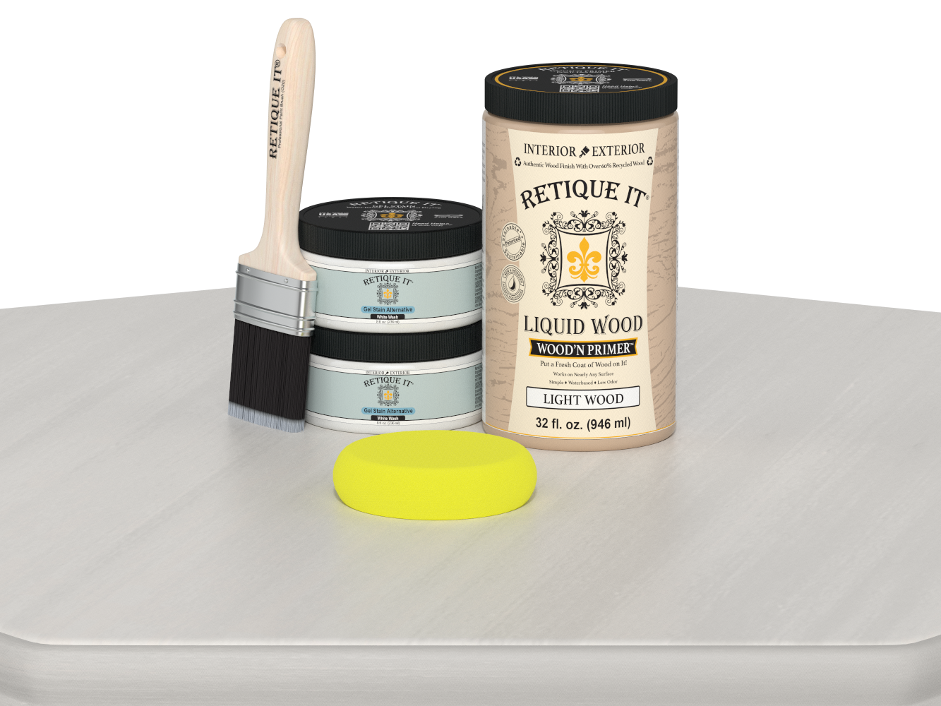 Retique It® Wood'n Cabinet Kit with 12 smooth, white wash stained cabinet doors arranged on a table.