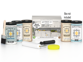 Retique It® Wood'n Cabinet Kit with 24 smooth white wash stained cabinet doors and panels for kitchen or bathroom renovation.