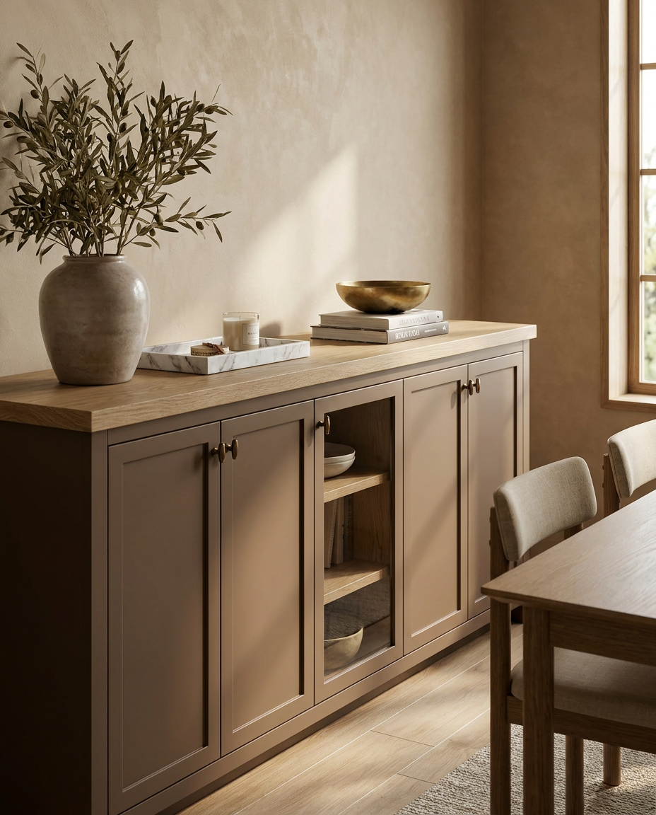 Wooden sideboard with a vase and decor items in a room with a table and chairs.