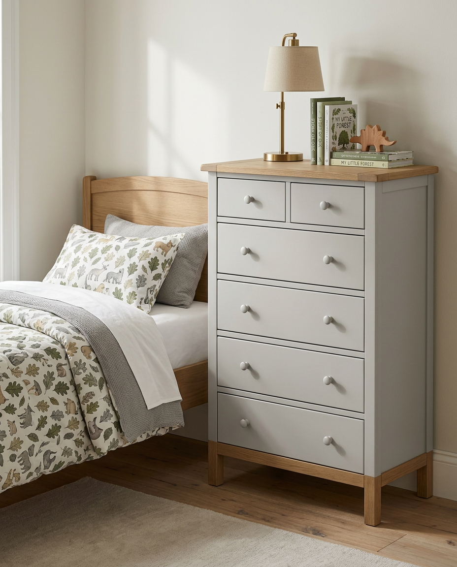 Gray dresser with wooden top next to a bed with patterned bedding.