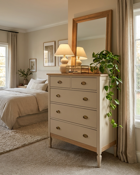 Beige dresser with mirror in a bedroom setting