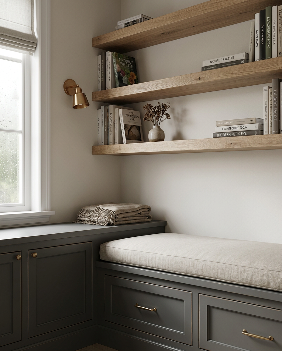 Nook with wooden shelves, window seat, and books in a cozy room.