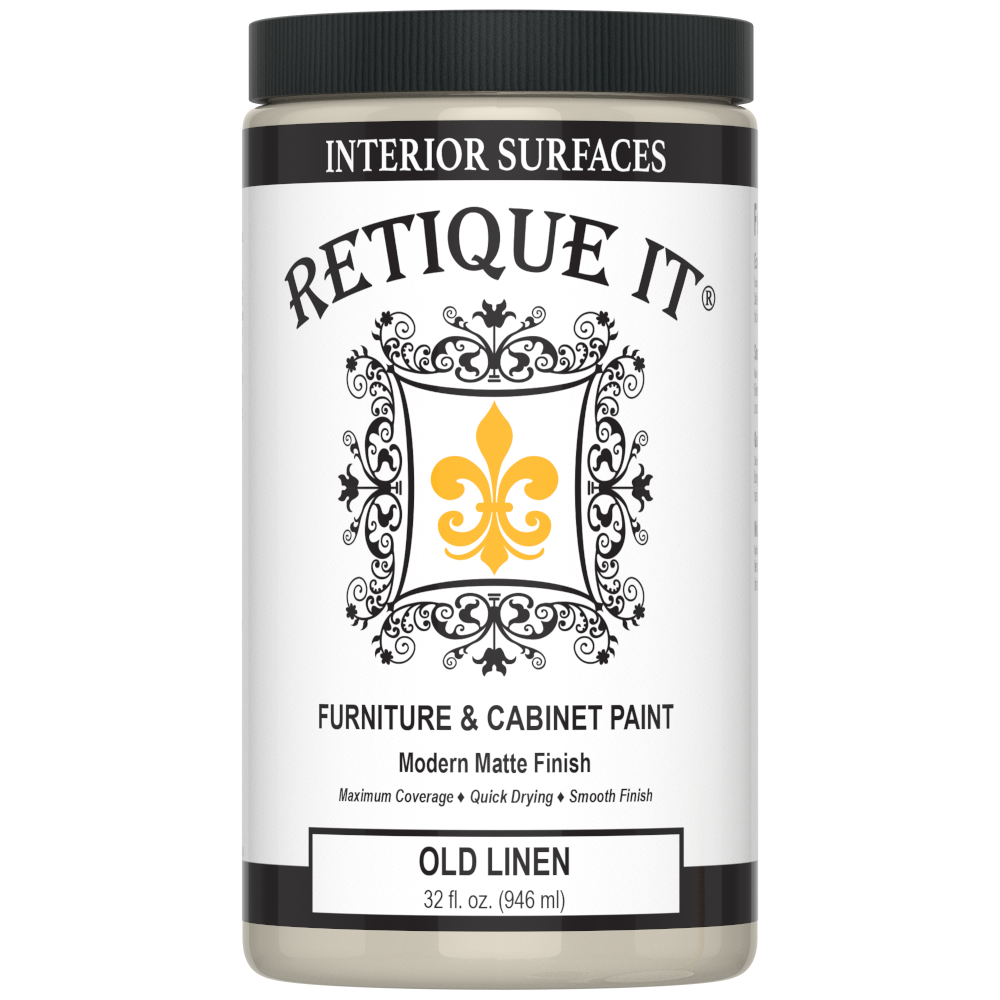 Retique It® furniture and cabinet paint in Old Linen quart, showing a smooth, freshly painted cabinet surface.