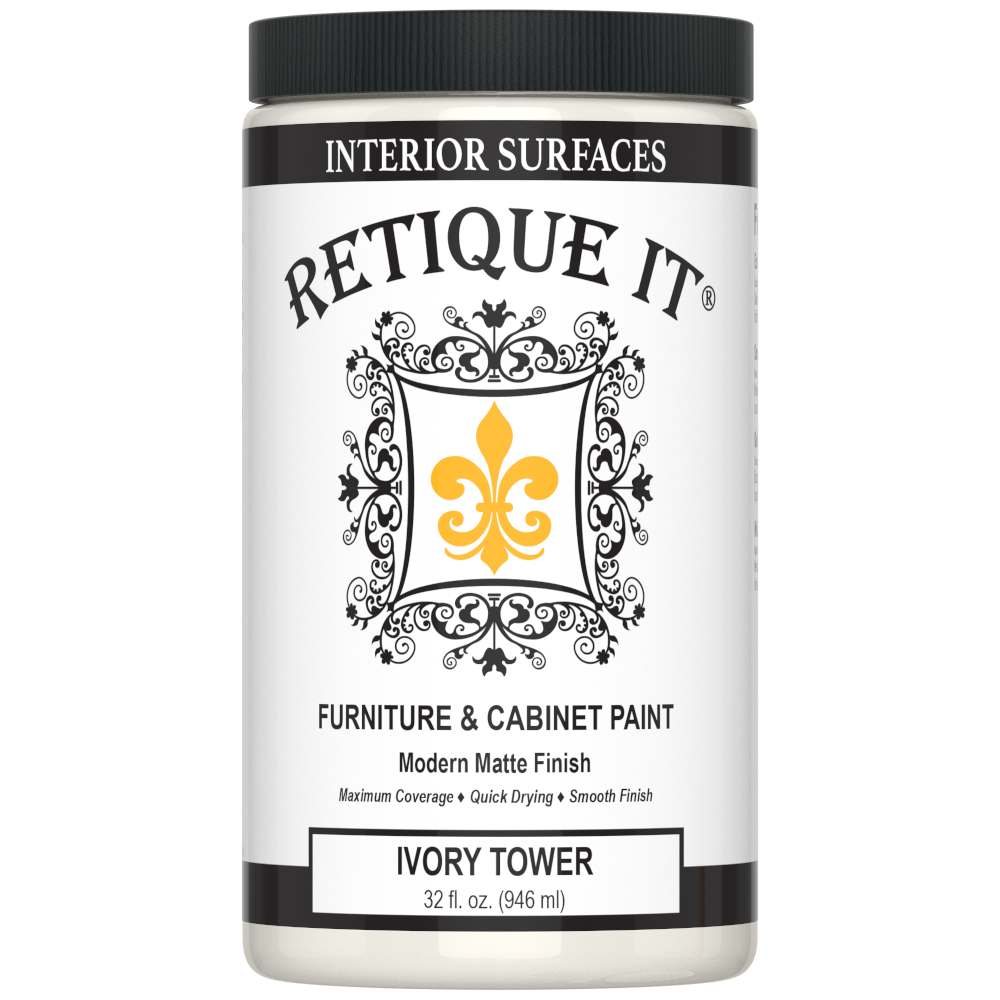 Retique It® Renaissance Furniture Paint in Ivory Tower poly kit, showing a close-up of the creamy ivory-colored paint and included supplies.