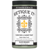 Retique It® Olive Branch furniture and cabinet paint in a quart container, showing a smooth, painted wood surface.