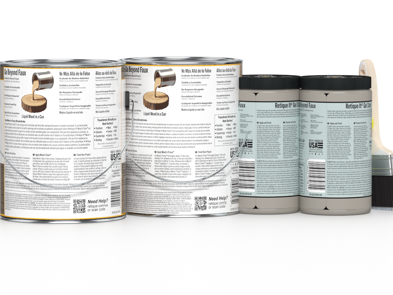Retique It® Wood'n Finish Kit with four large driftwood-colored wood finish bottles and applicator brushes.