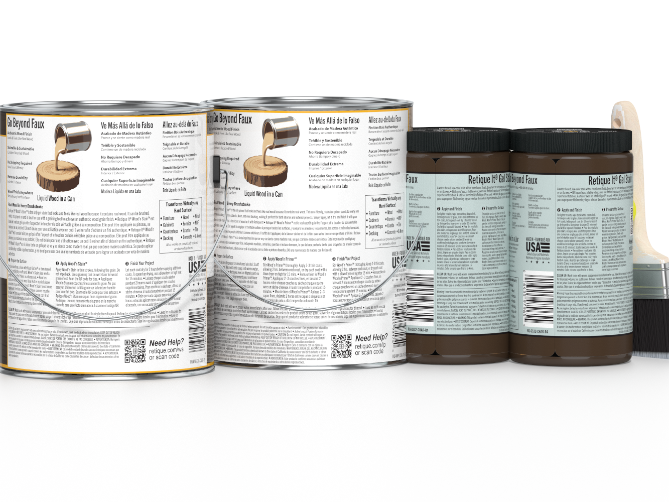 Retique It® Wood'n Kit Multi-purpose wood finish set with four large charcoal-colored wood stain bottles.