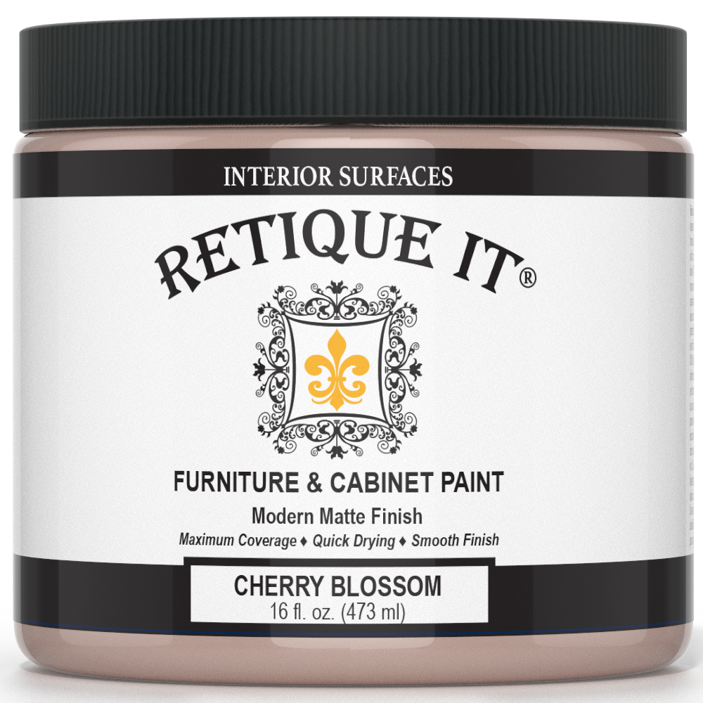 Retique It® FCP-CHBL-M paint can with a smooth beige paint finish, featuring a paintbrush and open paint can on a wooden surface.
