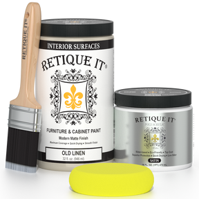 Retique It® furniture and cabinet paint in Old Linen color, quart size, showing a smooth painted wooden surface.