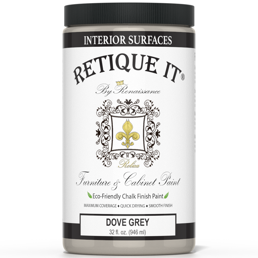 Retique It® furniture and cabinet paint in Dove Grey quart, showing smooth brush strokes on a furniture surface.