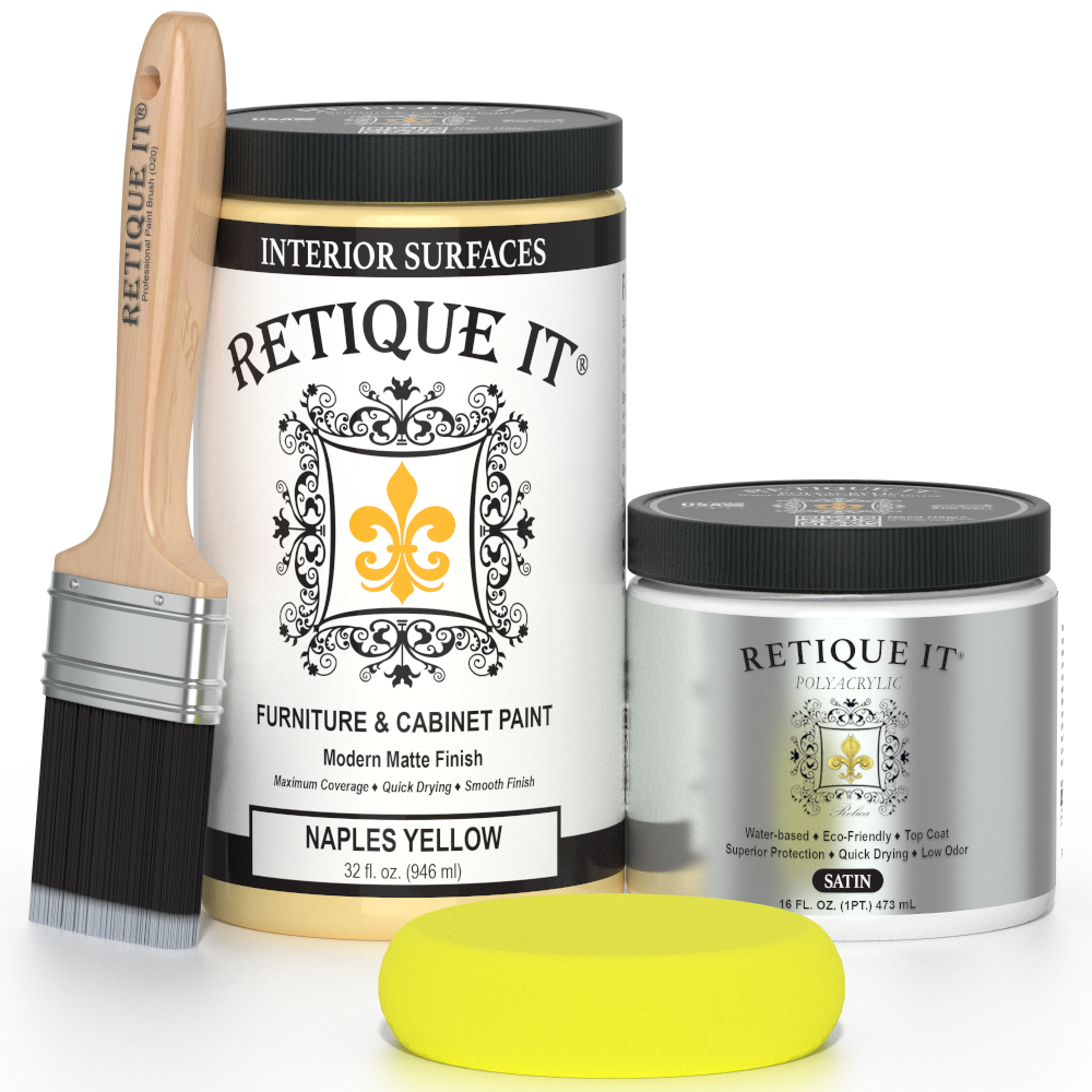 Retique It® furniture and cabinet paint in Naples Yellow, quart size, showing a close-up of the vibrant yellow paint container.